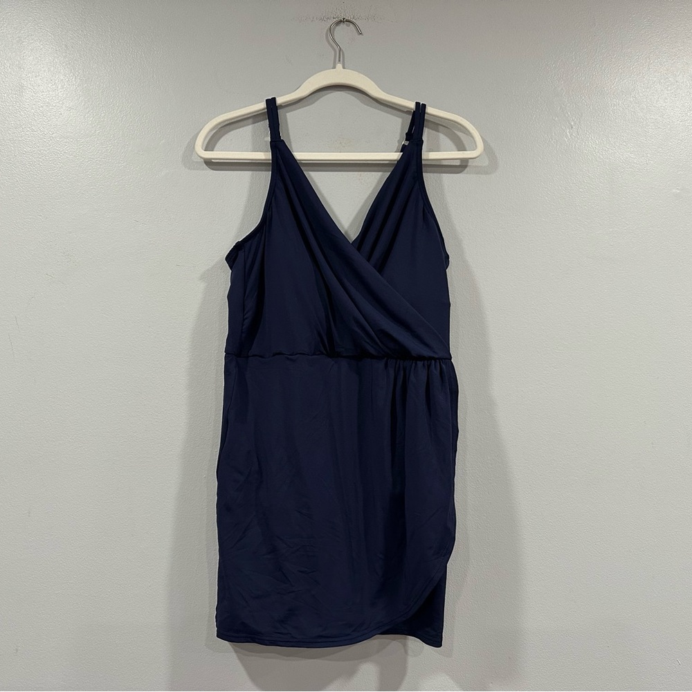 Lands' End Faux Wrap Vneck Navy Swim Dress Large L 14-16
